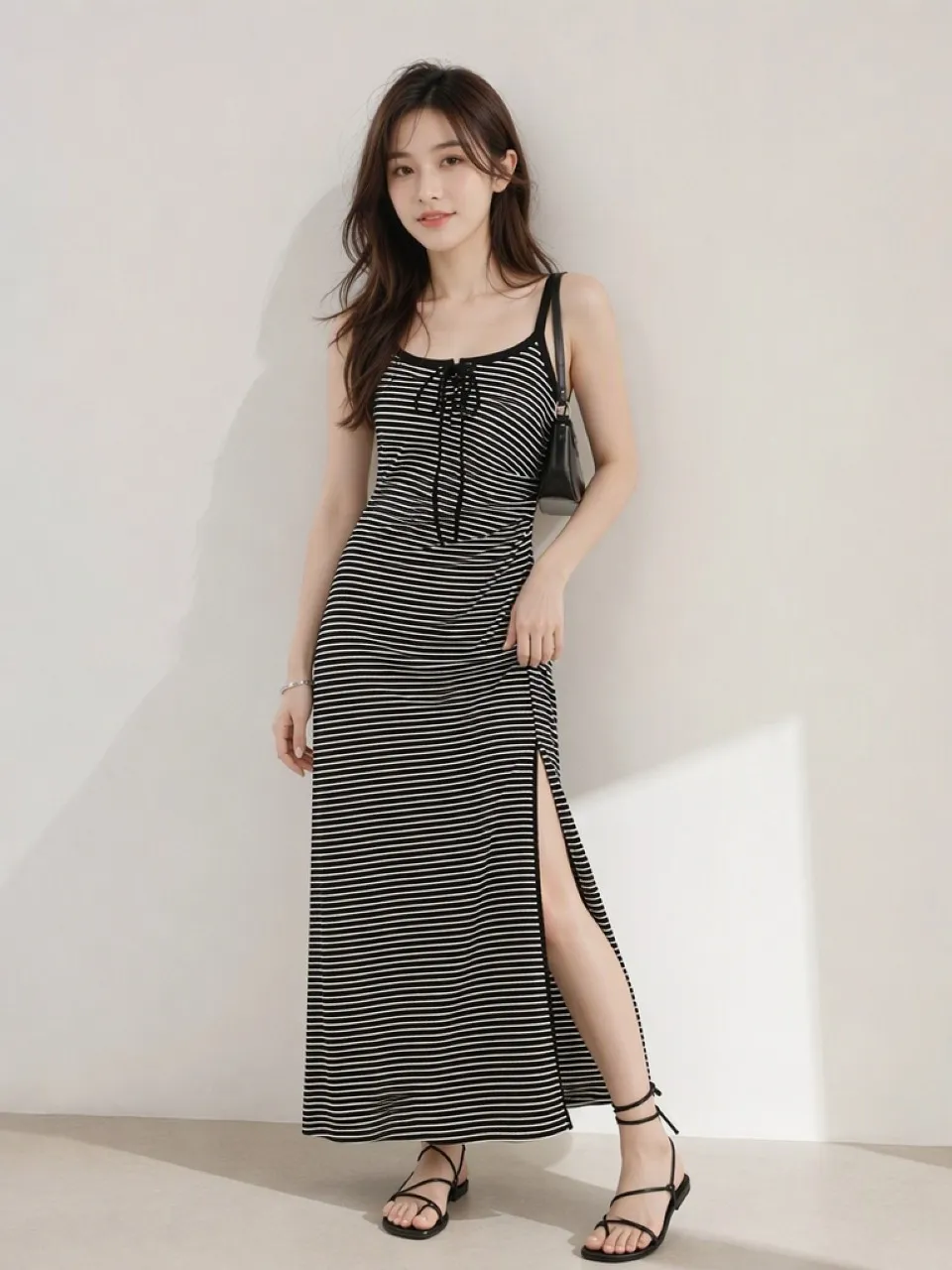 綁帶細條紋細肩長洋裝