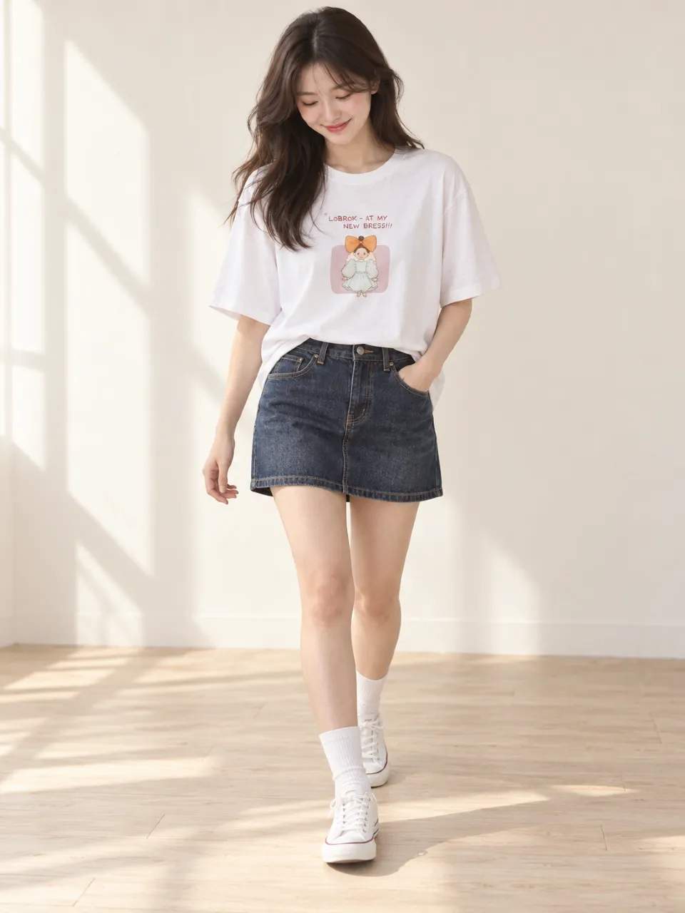 女孩插畫寬鬆 T 恤
