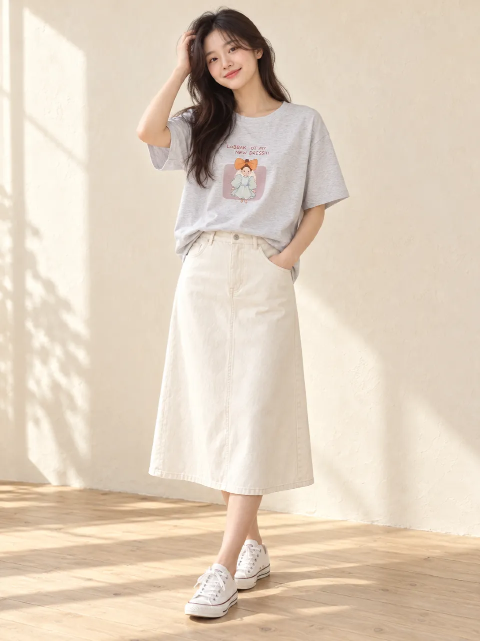 女孩插畫寬鬆 T 恤-2